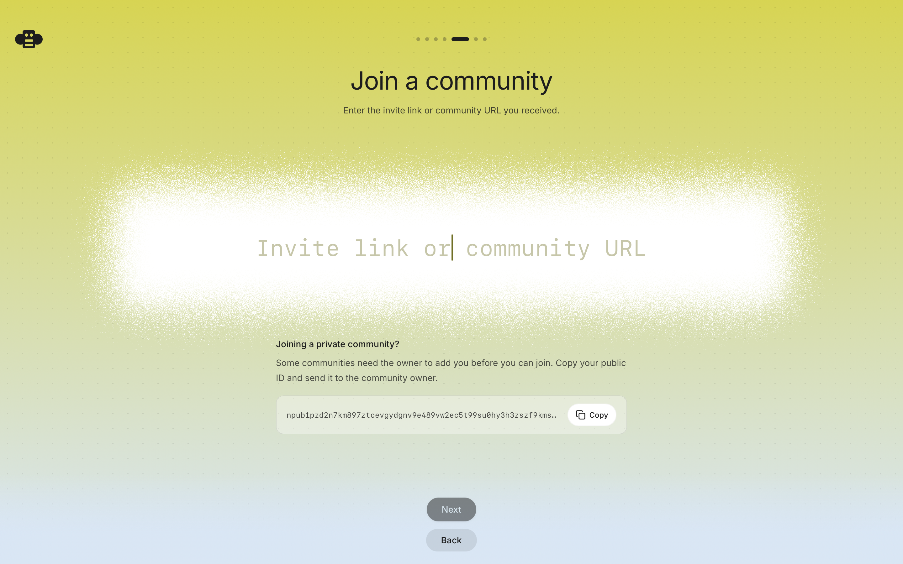 Joining a community — paste an invite link, or share your public ID for private communities.